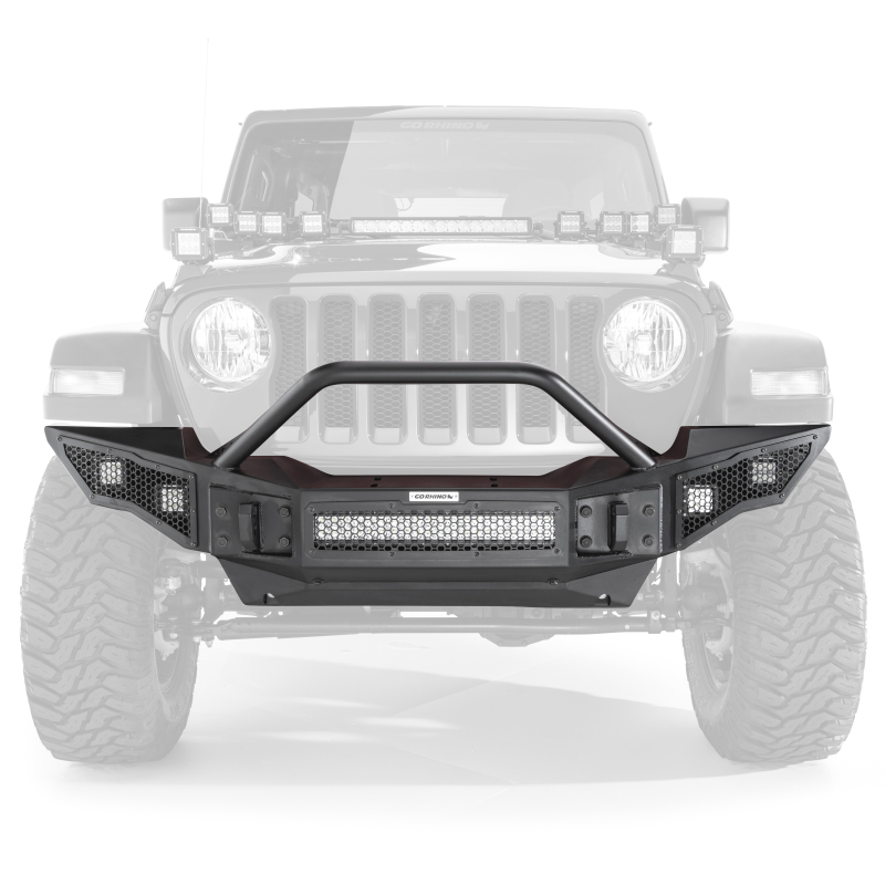 Jeep Wrangler JLU Bumper - Front - Go Rhino - Rockline Full Width + Overrider - Textured Black - `07-`20 Jeep Wrangler JLU Bumper - Front - Go Rhino - Rockline Full Width + Overrider - Textured Black - `07-`20